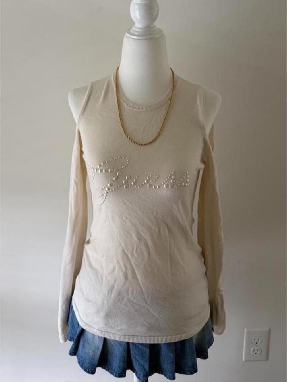 Y2K Vintage Guess Cream Pearl Beaded Cold Shoulder Knit Top